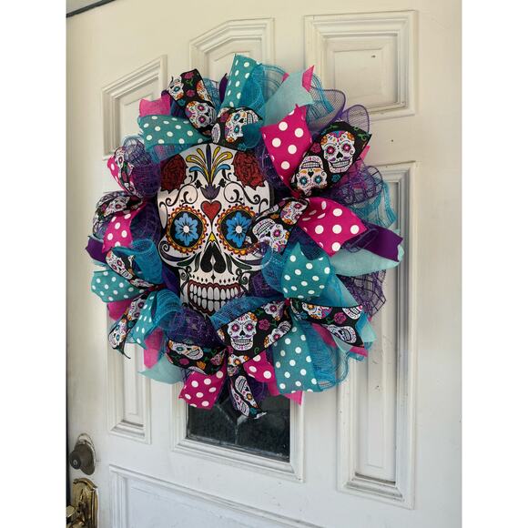 Day of the Dead Sugar Skull Los Dias De Los Muertes Pink Halloween Wreath Decor - Picture 5 of 6